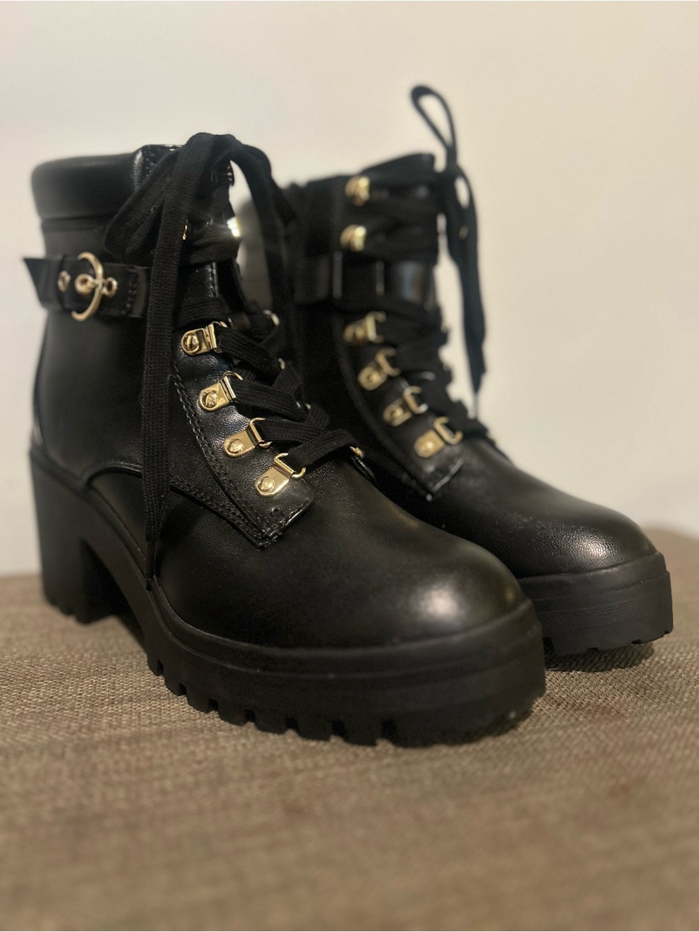 Wild Pair Black Lace-Up Chunky Sole Ankle Boots with Gold Accents
